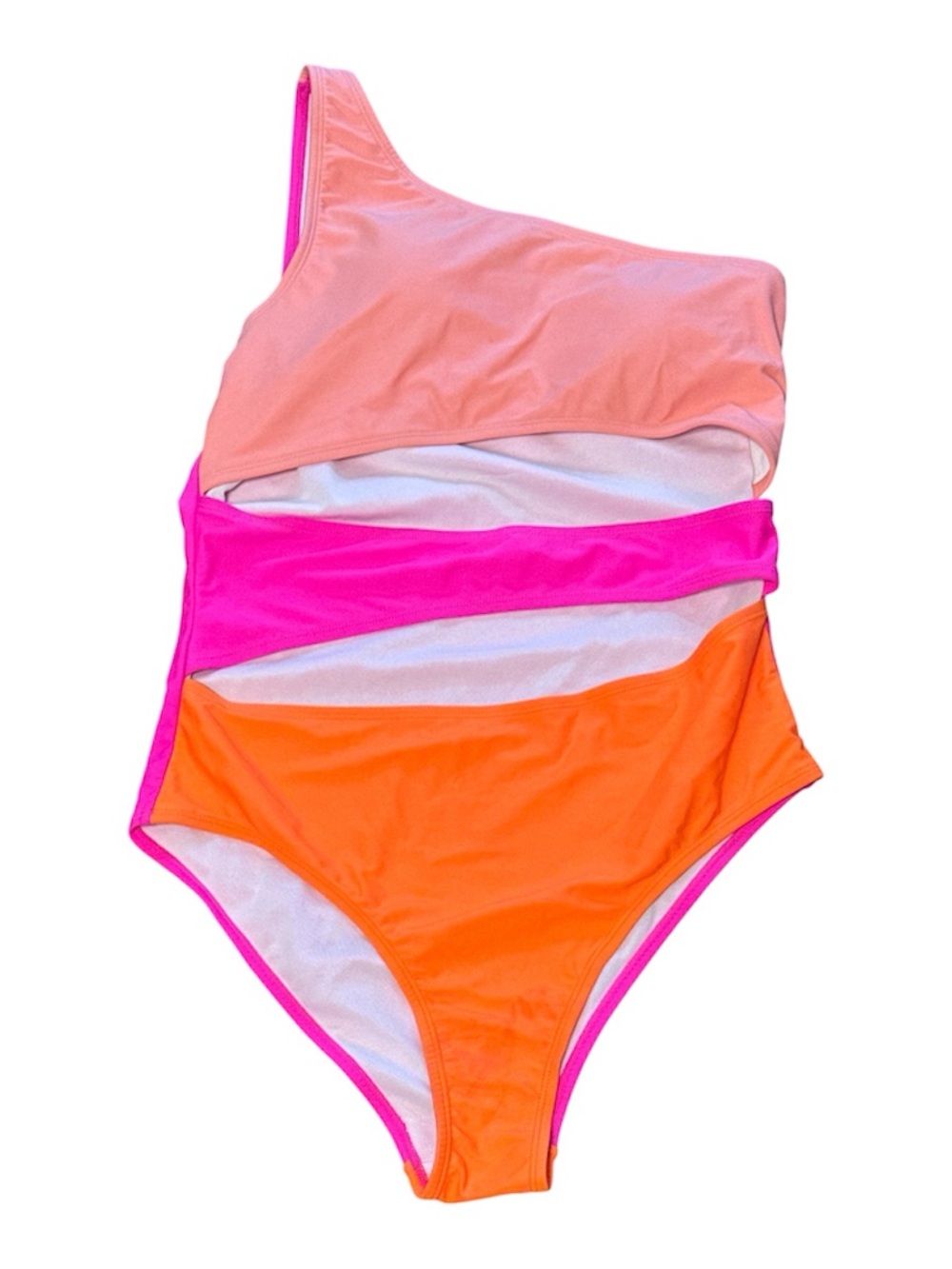 Women's One-Shoulder Colorblock One-Piece Swimsuit - Pink/Peach/Orange